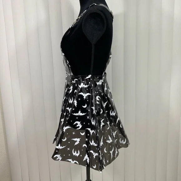 TRICKZ N TREATZ Bat My Lashes Print PVC Vinyl Mini Dress Bat Crescent Moon Black - Picture 2 of 14